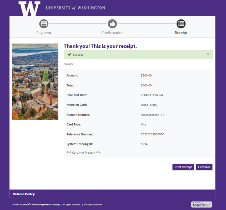 TouchNet payment receipt screen