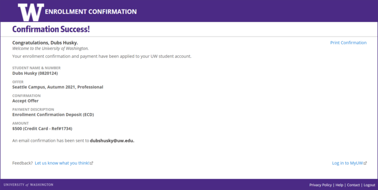 Enrollment Confirmation System successful confirmation screen