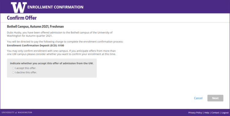 Enrollment Confirmation System offer confirmation screen