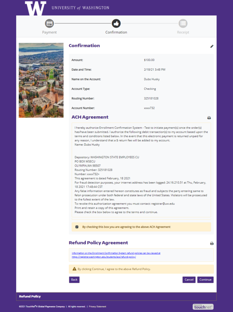 TouchNet confirmation and refund policy agreement screen - click Continue to submit payment